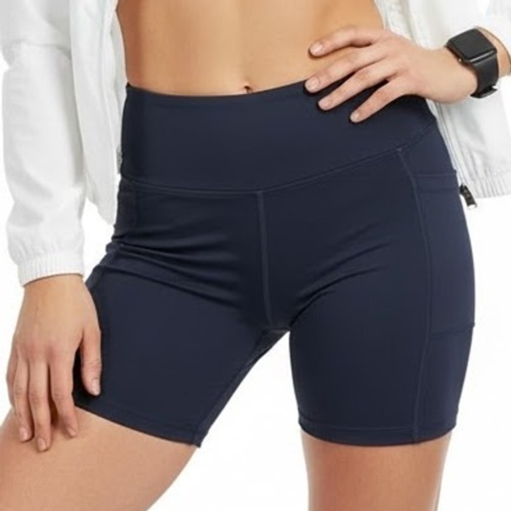 Navy Blue Athletic Pull On Shorts High-Waisted Cargo Pockets Activewear Sporty